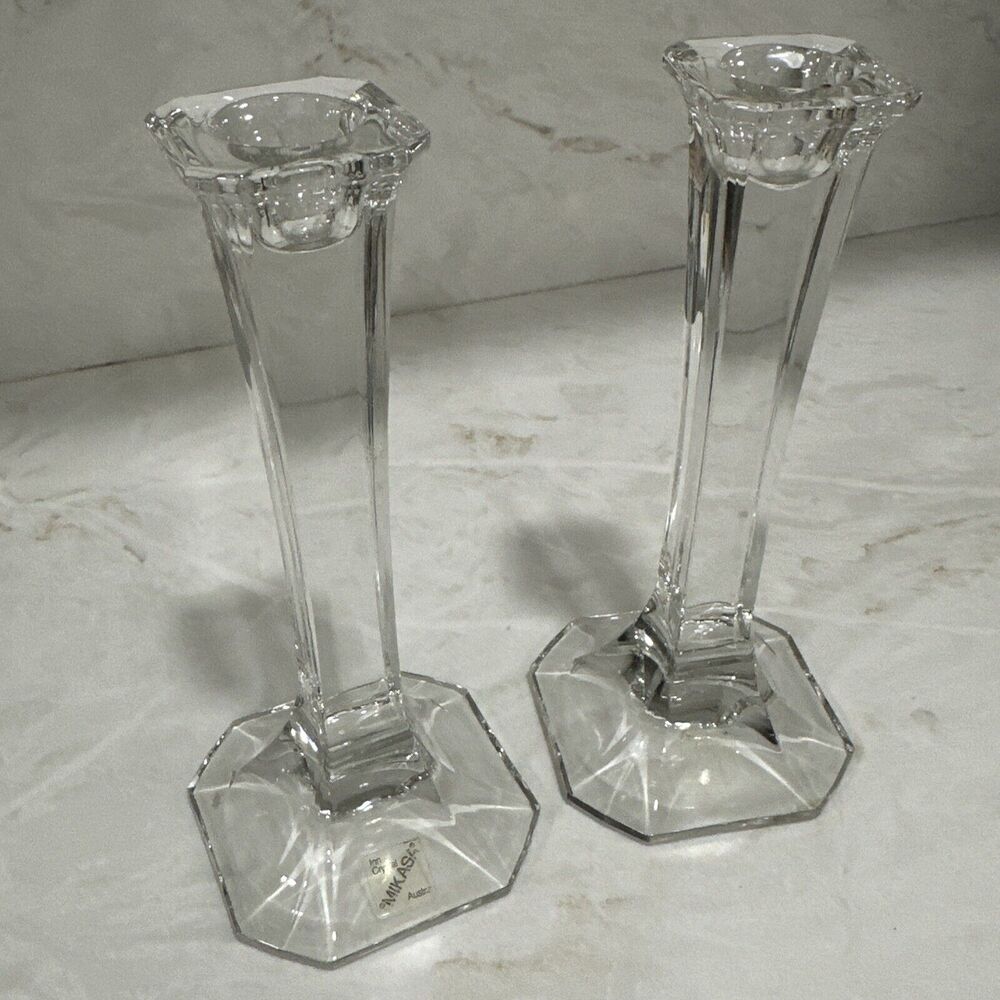Vintage MCM Mikasa Hyde Park Clear Crystal Art Deco Taper Candle Holders Set 2 - Picture 5 of 9